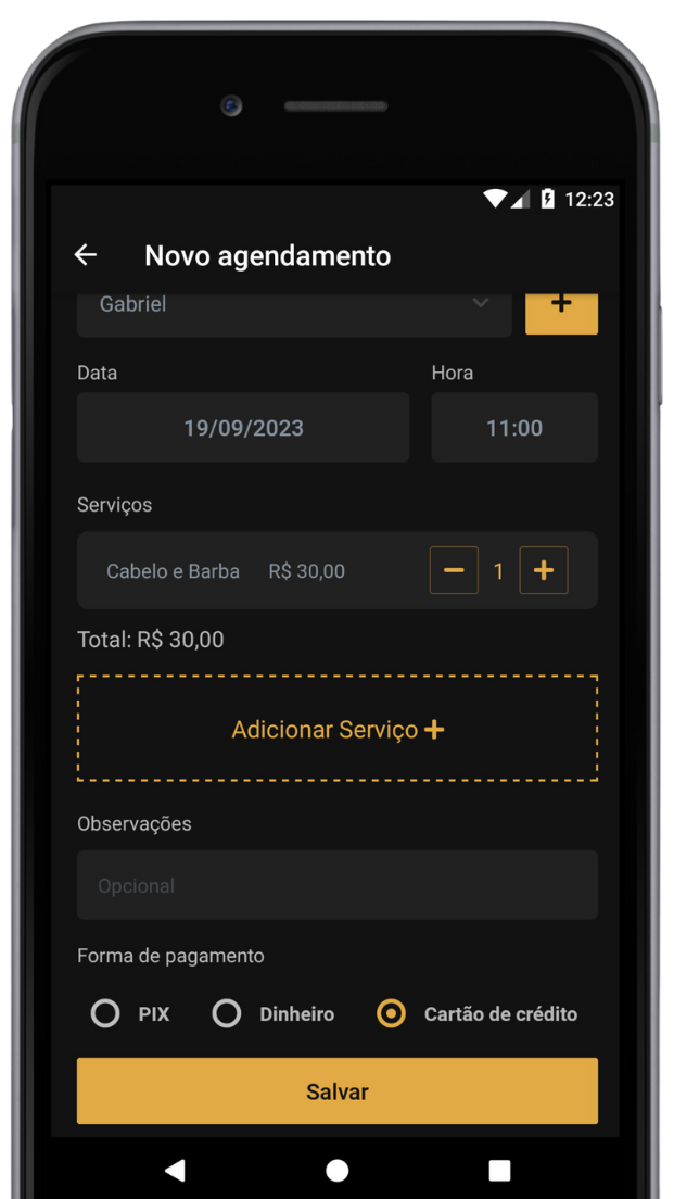 Captura de Tela do App mostrando a tela de criação de agendamento com as opções de data, horário, cliente, selecionar serviços e forma de pagamento