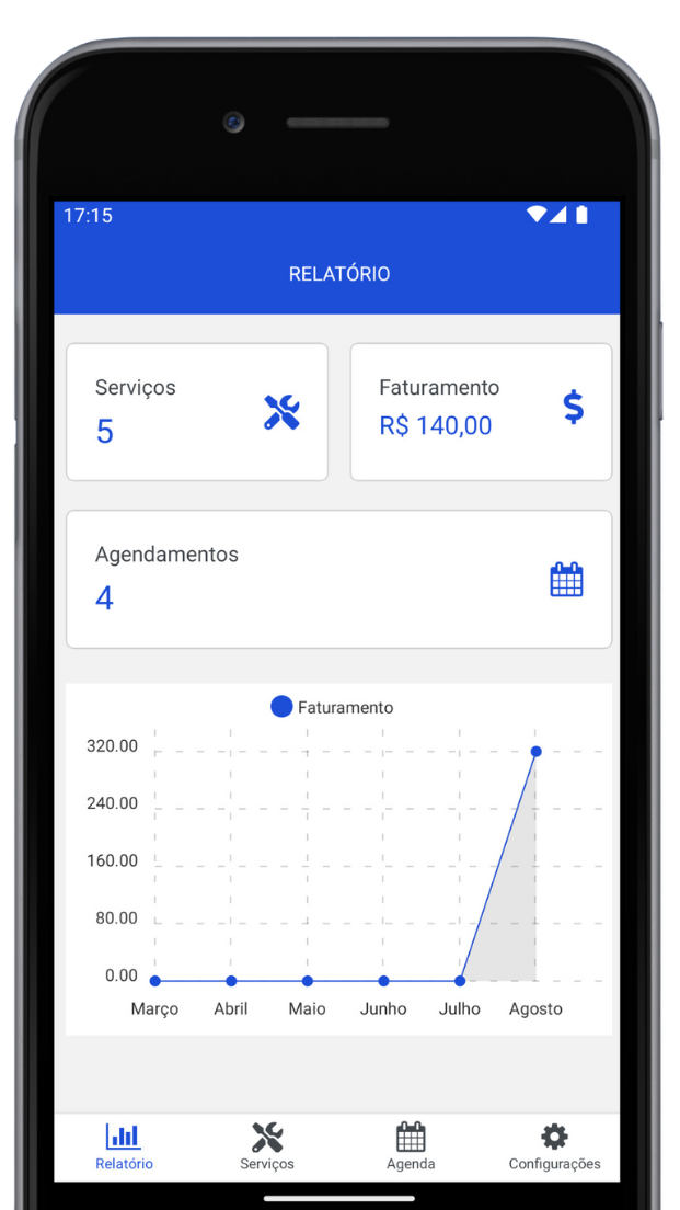 Captura de Tela do App mostrando a tela de relatórios com faturamento, total de clientes, total de agendamentos e serviços