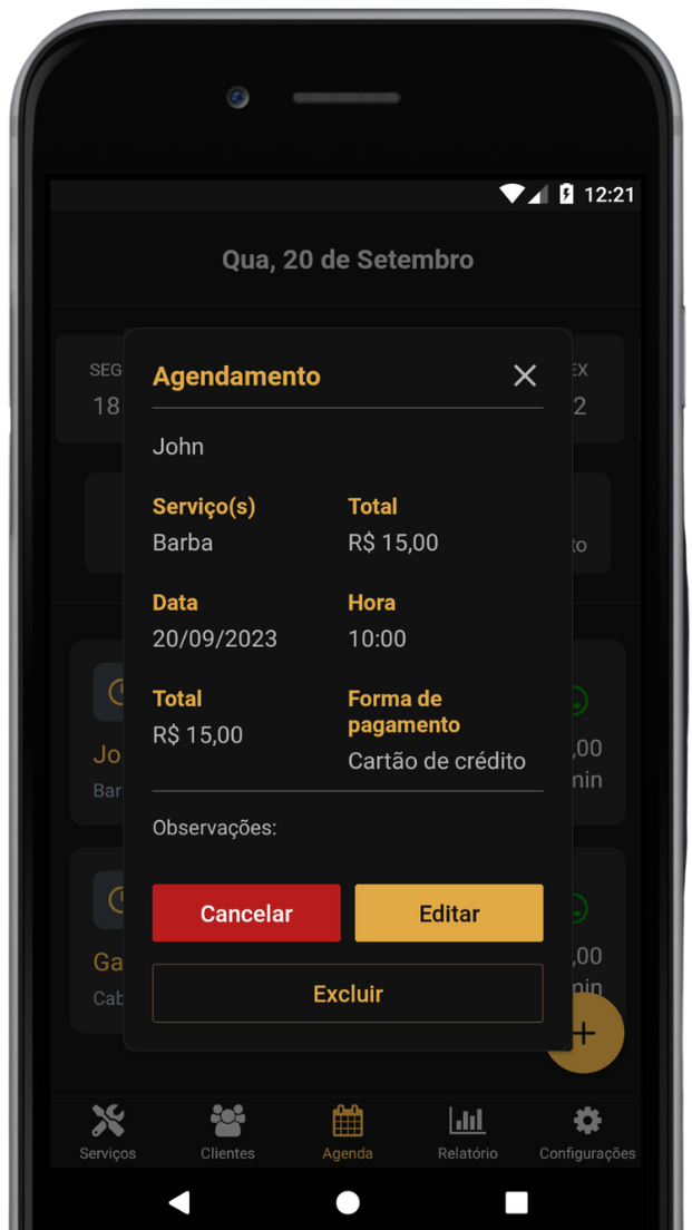 Captura de Tela do App mostrando os detalhes de um agendamento com o nome do cliente, serviços escolhidos, total do serviço, duração, preço e forma de pagamento. Além disso tem botões para cancelar, editar ou excluir o agendamento.