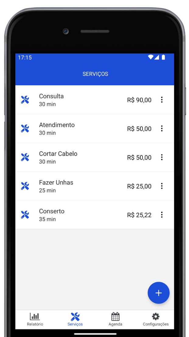 Captura de Tela do App mostrando a tela de criação de agendamento com as opções de data, horário, cliente, selecionar serviços e forma de pagamento