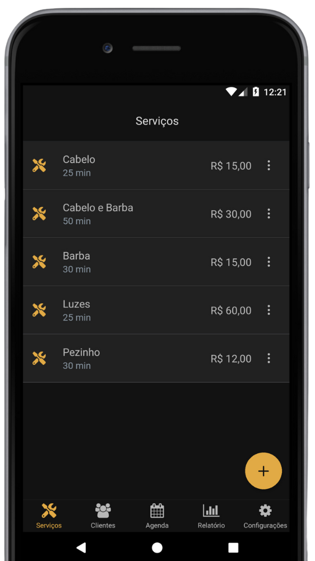 Captura de Tela do App mostrando a tela de serviços com alguns serviços cadastros com preço e duração em minutos