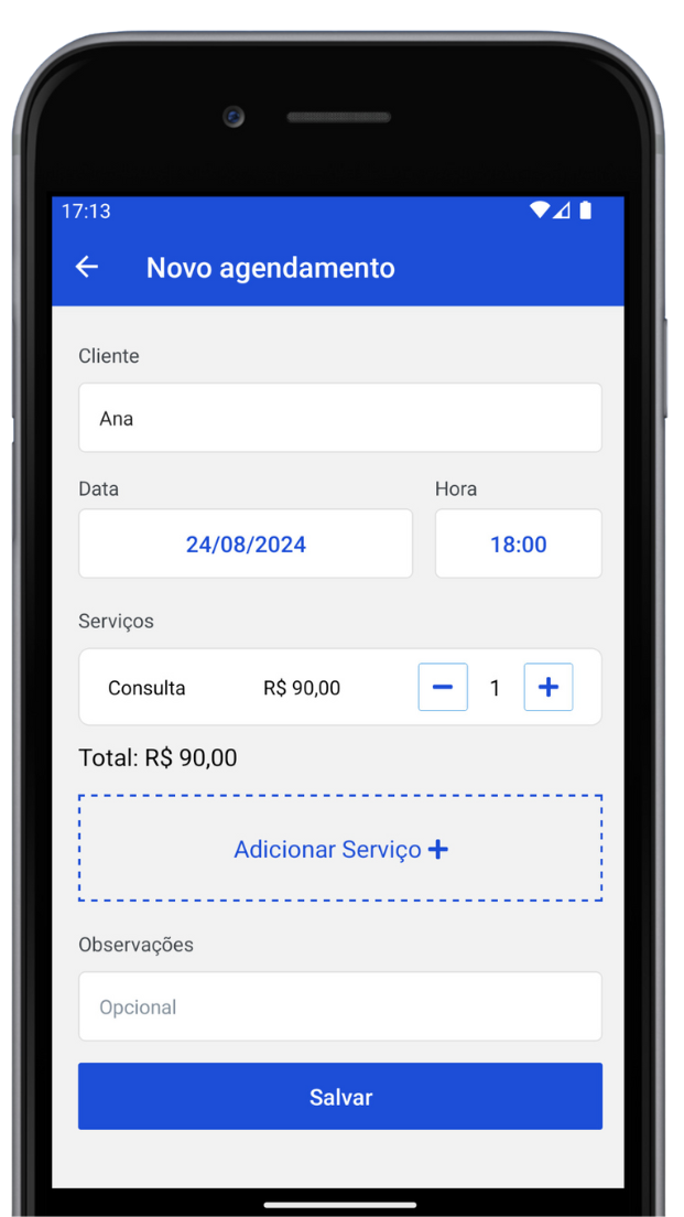 Captura de Tela do App mostrando a tela de serviços com alguns serviços cadastros com preço e duração em minutos