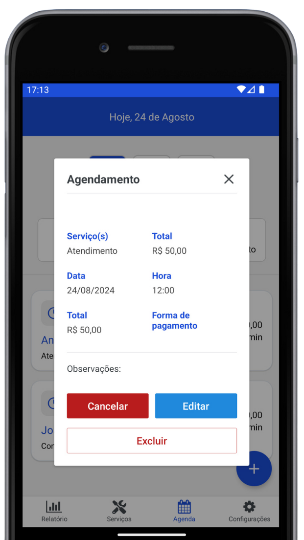 Captura de Tela do App mostrando os detalhes de um agendamento com o nome do cliente, serviços escolhidos, total do serviço, duração, preço e forma de pagamento. Além disso tem botões para cancelar, editar ou excluir o agendamento.