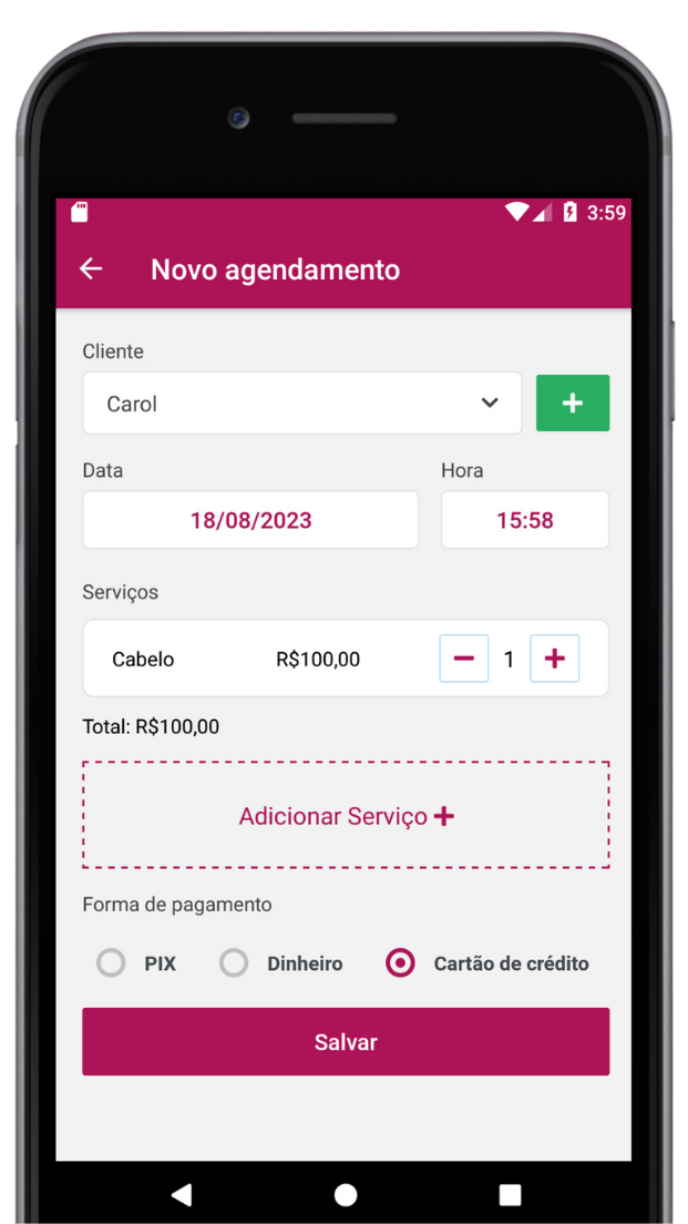 Captura de Tela do App mostrando a tela de criação de agendamento com as opções de data, horário, cliente, selecionar serviços e forma de pagamento