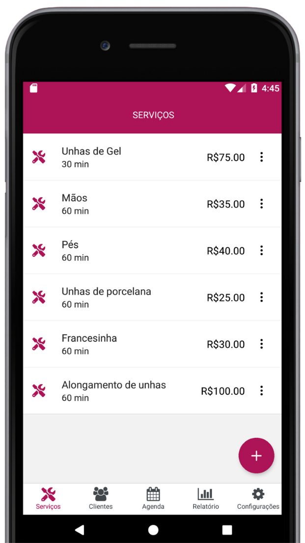 Captura de Tela do App mostrando a tela de serviços com alguns serviços cadastros com preço e duração em minutos