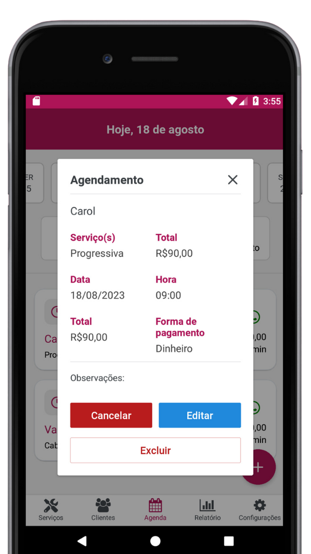 Captura de Tela do App mostrando os detalhes de um agendamento com o nome do cliente, serviços escolhidos, total do serviço, duração, preço e forma de pagamento. Além disso tem botões para cancelar, editar ou excluir o agendamento.